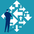 Right direction. A businessman looks at arrows pointing to many directions. Concept business vector illustration