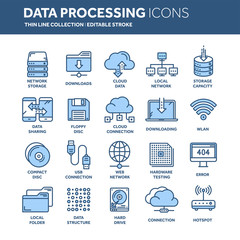 Cloud omputing. Internet technology. Online services. Data processing, information security. Connection. Thin line web icon set. Outline icons collection.Vector illustration.