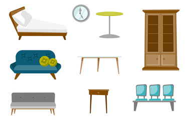 Wall Mural - Furniture illustrations set. Collection of furniture including sofa, table with drawer, wall clock, raw of chairs, coffee table, cupboard. Vector cartoon illustrations isolated on white background.