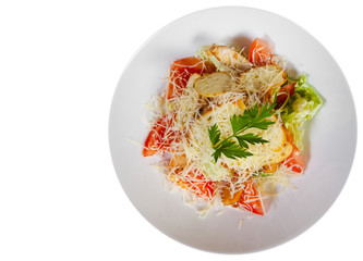 Sticker - Caesar salad with croutons, cheese, eggs, tomatoes and grilled chicken. with copy space. top view. isolated on white