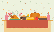 Vector Illustration Of A Big Banquet Table With Drinks And Eating Fruit. Festive Holiday Dinner. Christmas Table. Flat Style. Table For Thanksgiving Day.