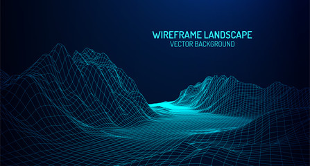 Wall Mural - abstract digital landscape with particles dots and stars on horizon. wireframe landscape background.
