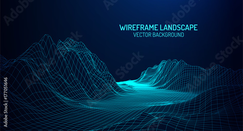 Abstract digital landscape with particles dots and stars on horizon. Wirefram...