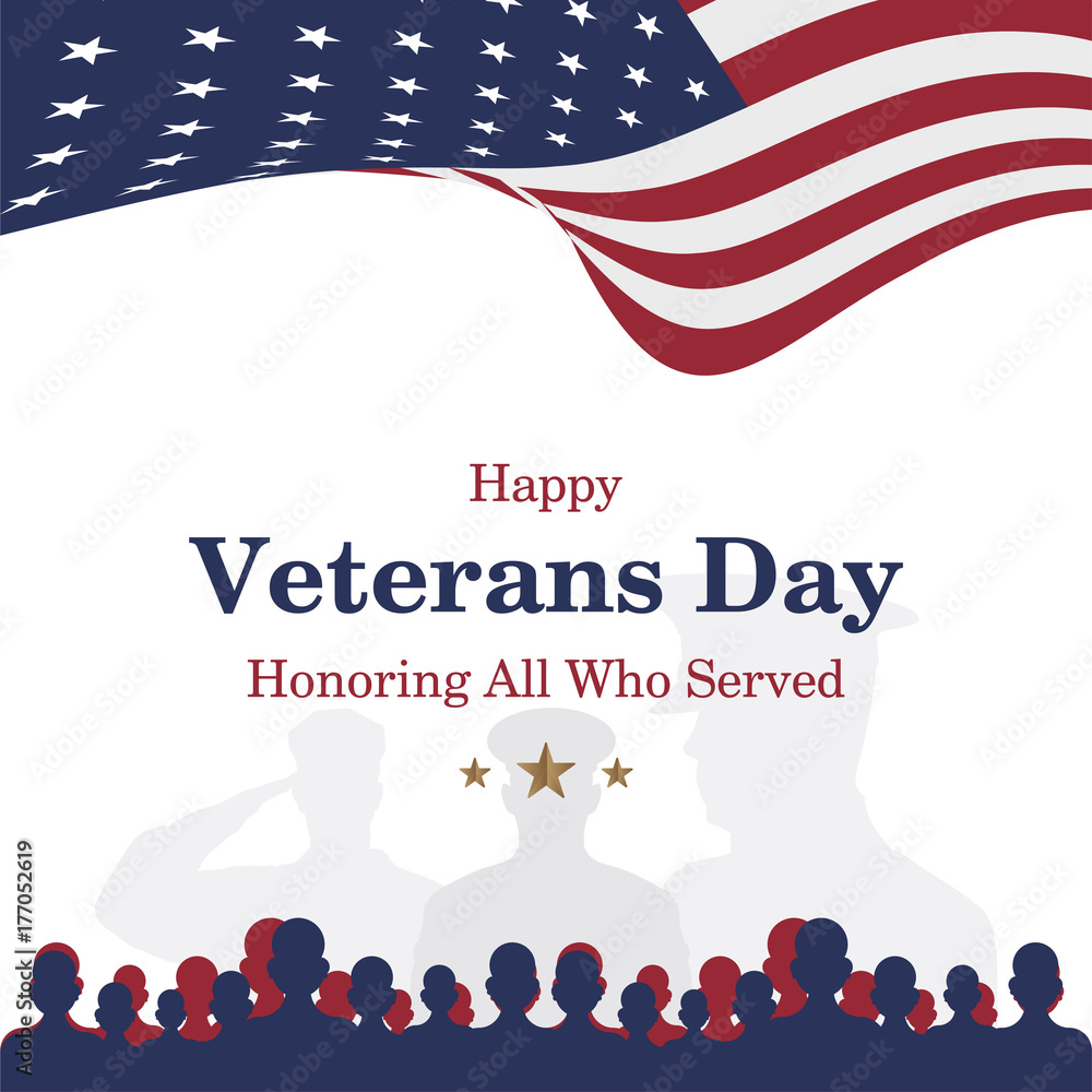 Happy Veterans Day. Greeting card with USA flag and soldier on ...
