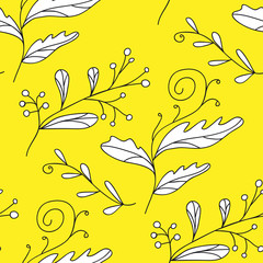 Wall Mural - Cute hand drawn branches on yellow background. Vector seamless pattern.