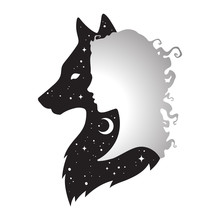 Silhouette Of Beautiful Woman With Shadow Of Wolf With Crescent Moon And Stars Isolated. Sticker, Print Or Tattoo Design Vector Illustration. Pagan Totem, Wiccan Familiar Spirit Art