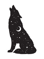 Wall Mural - Silhouette of wolf with crescent moon and stars isolated. Sticker, black work, print or flash tattoo design vector illustration. Pagan totem, wiccan familiar spirit art