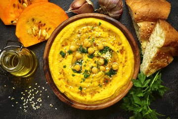 Homemade pumpkin chickpea hummus.Top view.