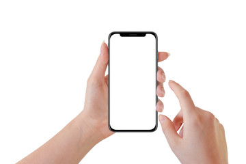 Woman hand holding modern black smartphone, isolated on white background