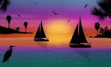 Silhouette Of A Sailingboats At The Sea On Beautiful Sunset