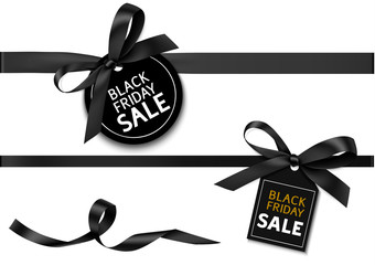decorative horizontal black ribbon with bow and sale tag for black friday sale design. vector decora