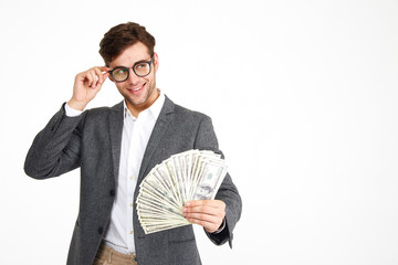 Canvas Print - Portrait of happy smiling man in eyeglasses and a jacket