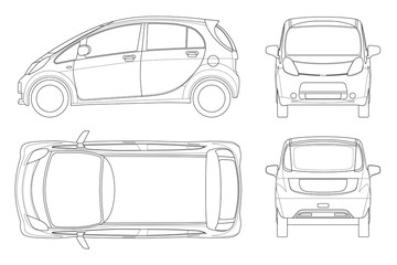 Wall Mural - Electric vehicle or hybrid car in outline. Eco-friendly hi-tech auto. Easy to change the thickness of the lines. Template vector isolated on white View front, rear, side, top