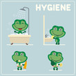 Set of funny frog is hygiene: showering, washing hands, brushing her teeth. Collection of isolated frog in cartoon style for rules of child hygiene.