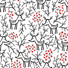 Fototapete - Deer and berries vector seamless pattern