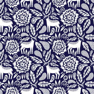 Fototapete -  - Deer and flowers vector seamless pattern