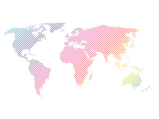Canvas Print - Hatched map of world in rainbow spectrum colors. Striped design vector illustration on white background.