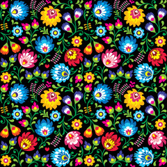Poster - Seamless vector Polish folk art floral pattern - Wzory Lowickie, Wycinanki on black background
 