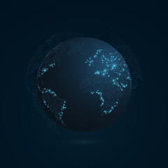 Wall Mural - Abstract planet on a dark blue background. Earth. World map. Blue light. Sci-fi and hi-tech. Highlighted cities. Map of points. The world population. World Network. Vector illustration