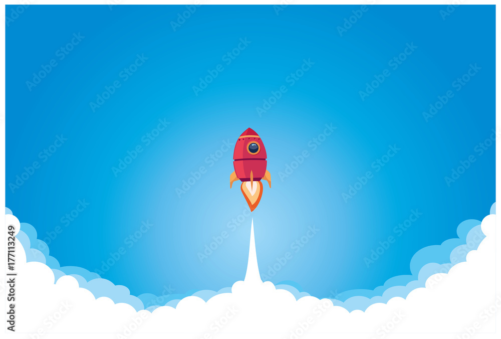 business concept, startup. vector illustration. rocket takes off on a ...