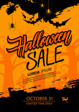 Halloween Sale Special Offer Banner With Hand Drawn Lettering, Brush Stroke And Traditional Holiday Spooky Symbols. Vector Illustration.