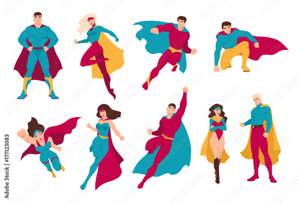 Collection of superheroes. Bundle of men and women with super powers. Set of male and female cartoon or comic characters wearing tight-fitting costumes and capes. Colorful flat vector illustration. - obrazy, fototapety, plakaty 