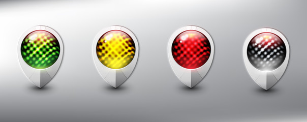 Wall Mural - Collection of 4 map markers. Location icons. Semaphore. White with traffic lights in 4 different colors. Isolated with realistic shine and shadow on the light background. Vector illustration. Eps10.