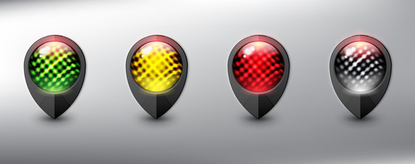 Wall Mural - Collection of 4 map markers. Location icons. Semaphore. Black with traffic lights in 4 different colors. Isolated with realistic shine and shadow on the light background. Vector illustration. Eps10.