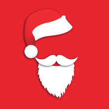 Happy New Year And Merry Christmas. Mask Santa Claus With Beard, Mustache And Hat On A Red Background. Vector Illustration
