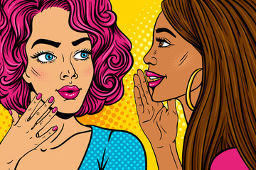 Wall Mural - Pop art girls secret conversation. Two sexy surprised young women with long brown hair and dark skin and pink curly hair with smile sharing a secret . Vector background in pop art retro comic style. 