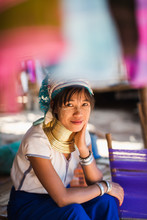 Lifestyle Portrait Of A Long Neck Tribal Woman, Thailand.
