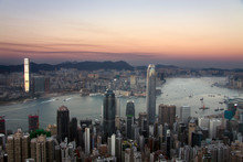 Aerial View To Hong Kong During Pink Sunset