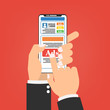 © nicescene - Human hands with smartphone mobile with social media advertising website. Vector illustration social ads digital marketing concept.