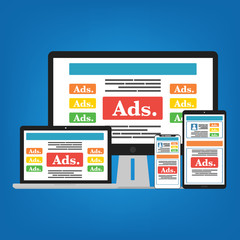 Smartphone mobile, Computer PC, Laptop and Tablet with social media advertising website. Vector illustration social ads digital marketing concept.