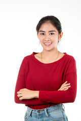 Portrait of Asian woman standing by crossing her arm on white background; Confidential Thai teenage