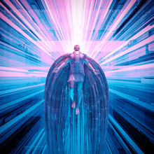 Science Fiction Angel / 3D Illustration Of Futuristic Angel Floating In Technological Space