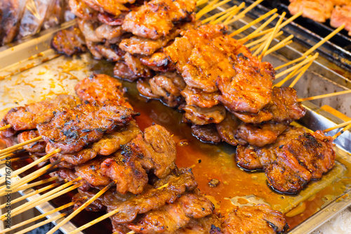 Pork On The Grill With Flame Street Food In Thailand Thai