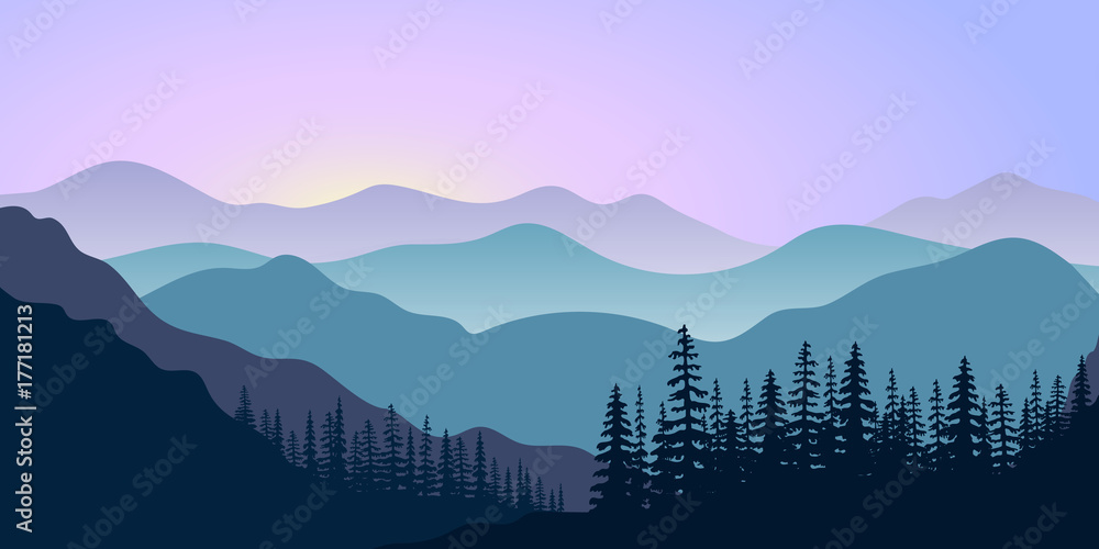 landscape with silhouettes of mountains and forest at sunrise. Vector illustration - obrazy, fototapety, plakaty 