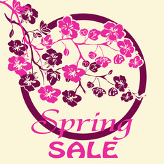 Sticker - Spring sale. Twig cherry blossoms.