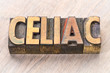 celiac word abstract in wood type