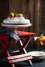 Summer Dessert: Pavlova With Chantilly Cream And Summer Berries.