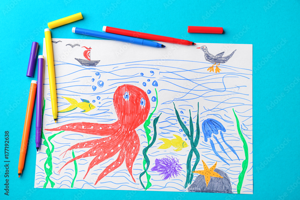 Child's drawing of underwater world on blue background