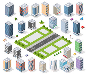 Wall Mural -  Urban district of the city in isometric landscape town infrastructure of houses, streets and buildings