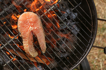 Tasty salmon steak on barbecue grill, close up