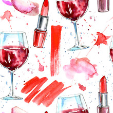 Seamless Pattern Of A Red Lipstick, Wine And Splashes. Fashion,cosmetics And Beauty Image.Watercolor Hand Drawn Illustration.White Background.