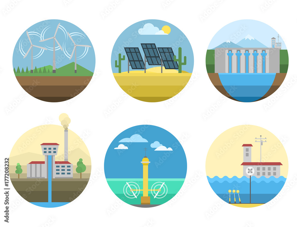 Generation energy types power plant icons vector renewable alternative ...