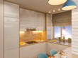 3d illustration kitchen interior design in white color. Modern studio apartment in the Scandinavian minimalist style