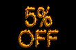 Fire '5% off' isolated on black background, 3d illustration