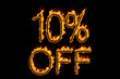 Fire '10% off' isolated on black background, 3d illustration