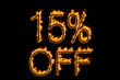 Fire '15% off' isolated on black background, 3d illustration
